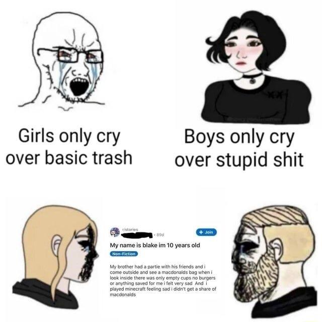 Girls only cry Boys only cry over basic trash over stupid shit