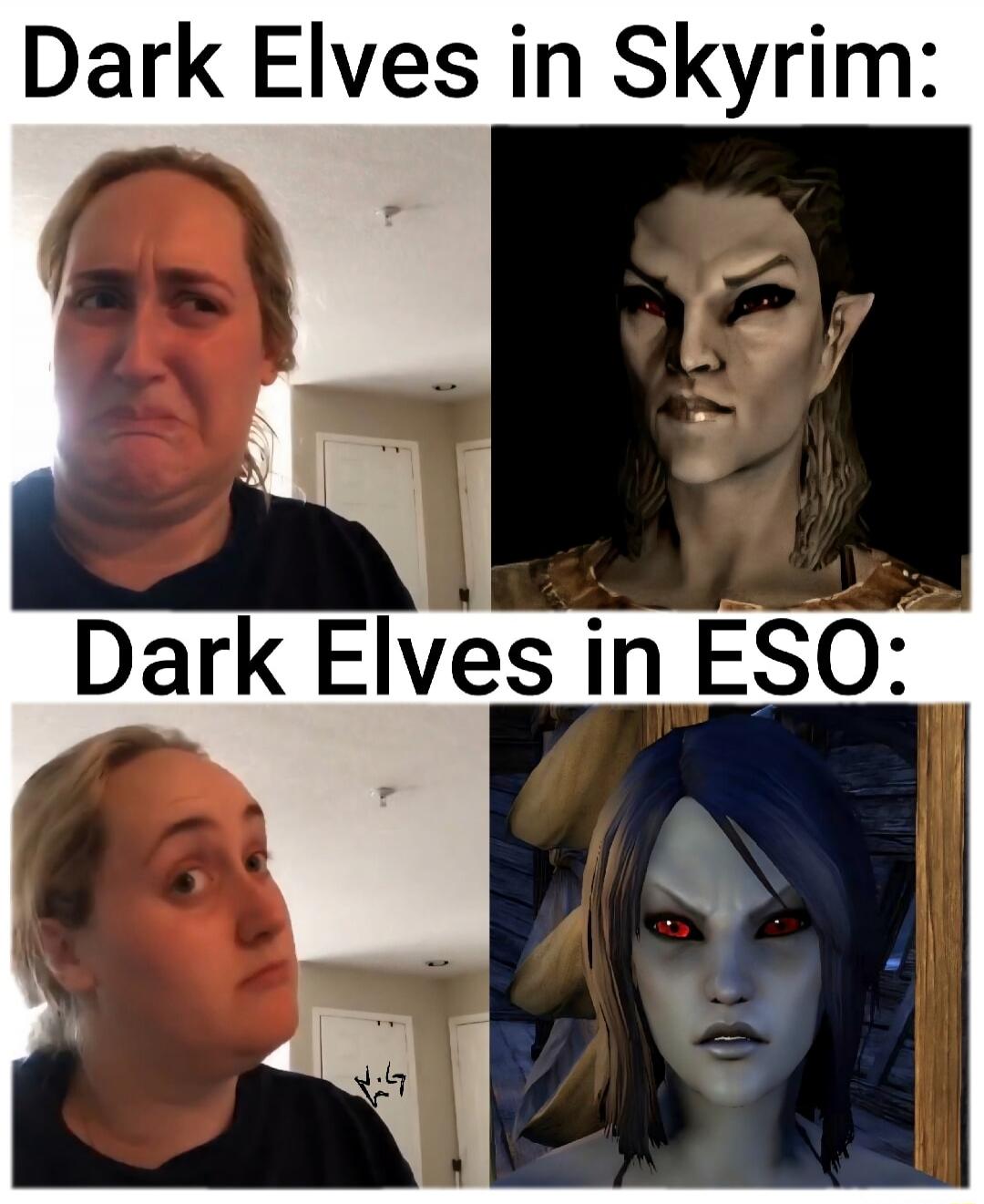 Dark Elves in Skyrim:
Dark Elves in ESO: