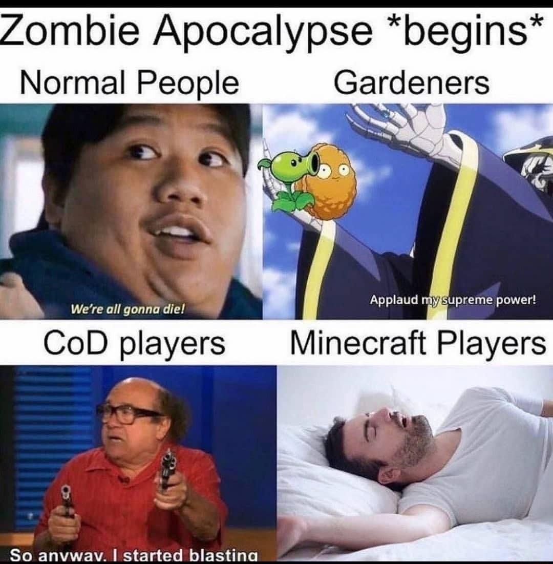 Zombie Apocalypse begins Normal People Gardeners ST Were all gonna die CoD players Minecraft Players So anvwav started blastina _