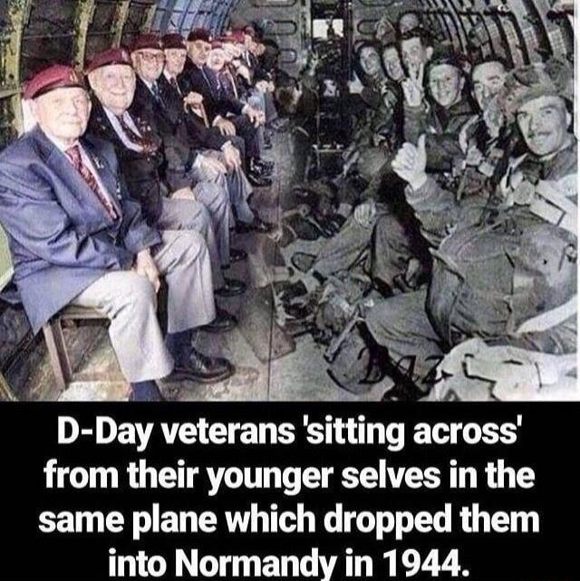 D Day veterans sitting across from their younger selves in the same plane which dropped them into Normandy in 1944