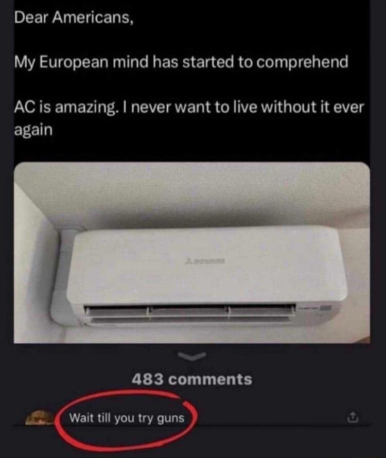 Dear Americans My European mind has started to comprehend AC is amazing never want to live without it ever again 483 comments wait till you try guns