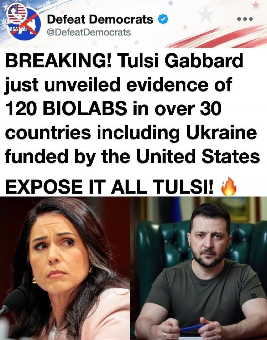 Defeat Democrats @DefeatDemocrats BREAKING! Tulsi Gabbard just unveiled evidence of 120 BIOLABS in over 30 countries including Ukraine funded by the United States EXPOSE IT ALL TULSI!