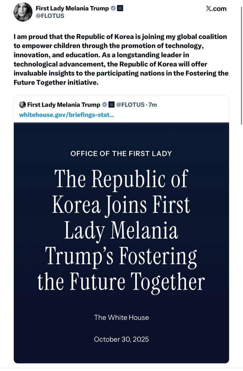 I am proud that the Republic of Korea is joining my global coalition to empower children through the promotion of technology, innovation, and education. As a longstanding leader in technological advancement, the Republic of Korea will offer invaluable insights to the participating nations in the Fostering the Future Together initiative. The Republi