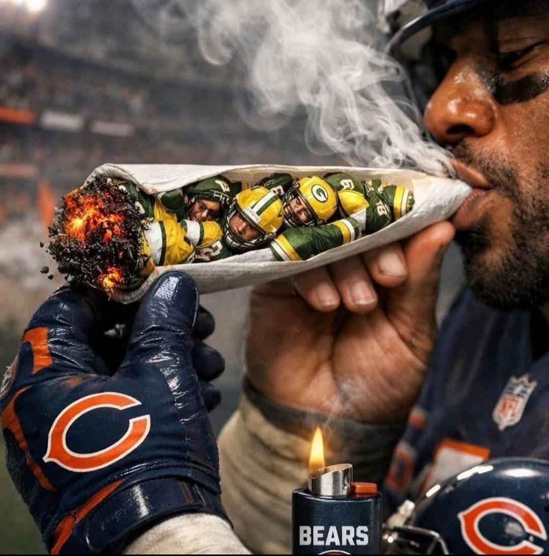 BEARS (on lighter) and Chicago Bears logo on glove; a man is smoking from a wrapped, foil-like device held in his mouth