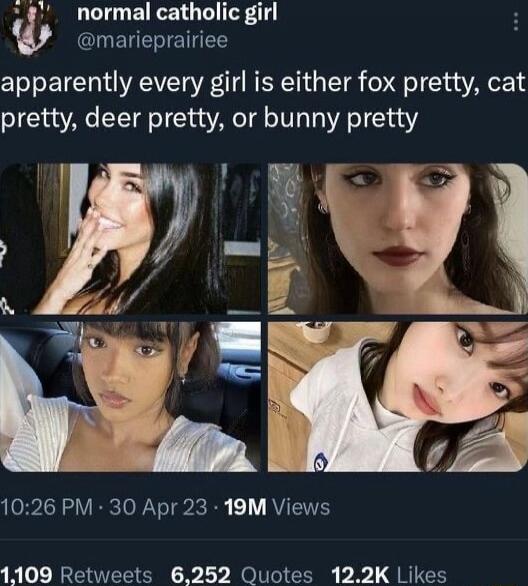 apparently every girl is either fox pretty, cat pretty, deer pretty, or bunny pretty