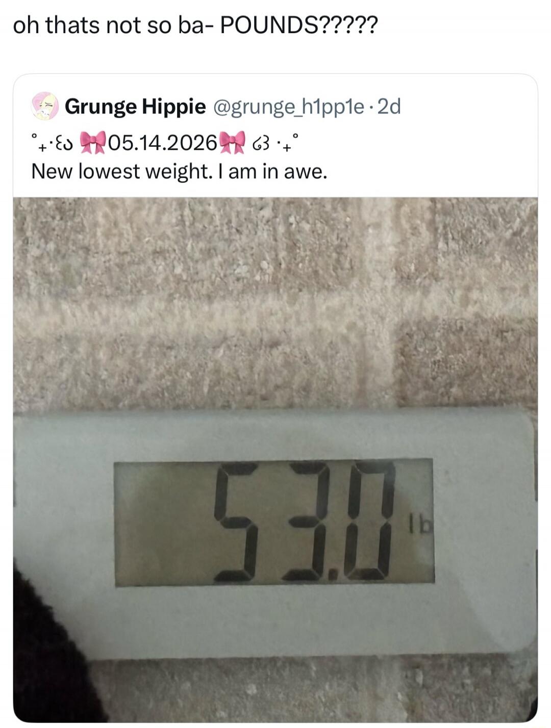 oh thats not so ba- POUNDS???? Grunge Hippie @grunge_h1pp1e 05.14.2026 New lowest weight. I am in awe. 53.0 lb
