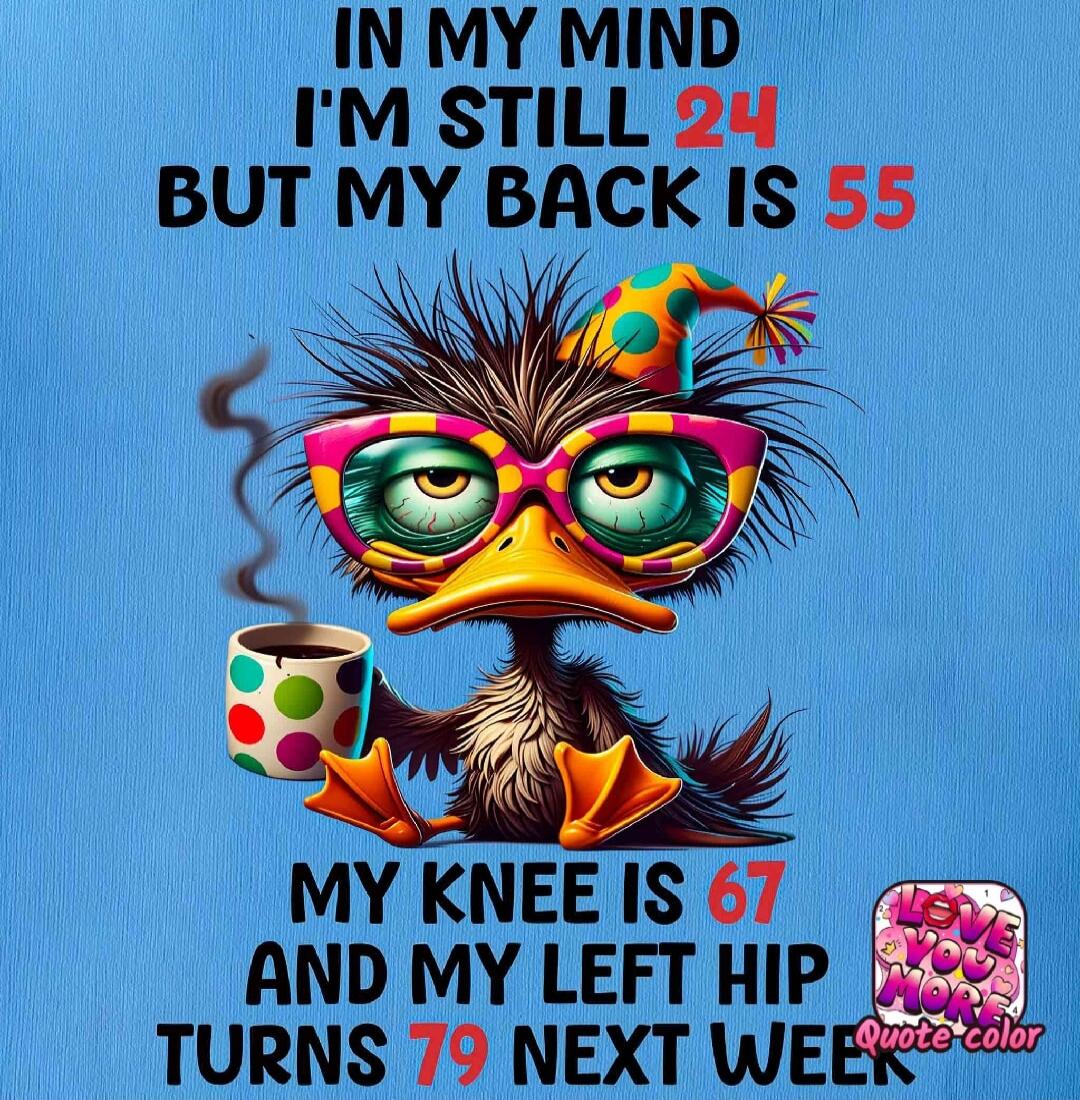 IN MY MIND I'M STILL 24 BUT MY BACK IS 55 MY KNEE IS 67 AND MY LEFT HIP TURNS 79 NEXT WEEK