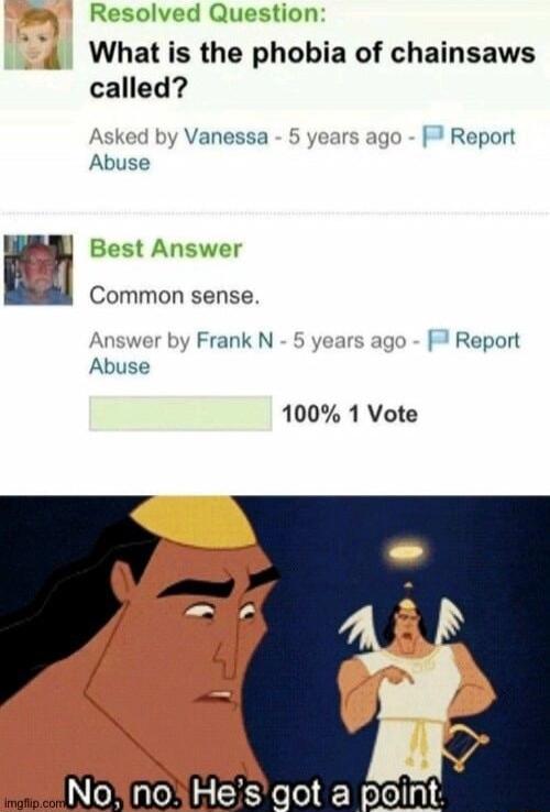 Resolved Question What is the phobia of chainsaws called Vanessa I Report Abuse Best Answer Common sense Frank N Report Abuse 100 1 Vote
