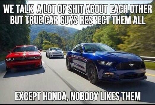 WE TALK A LOT OF SHIT ABOUT EACH OTHER BUT TRUE CAR GUYS RESPECT THEM ALL EXCEPT HONDA, NOBODY LIKES THEM