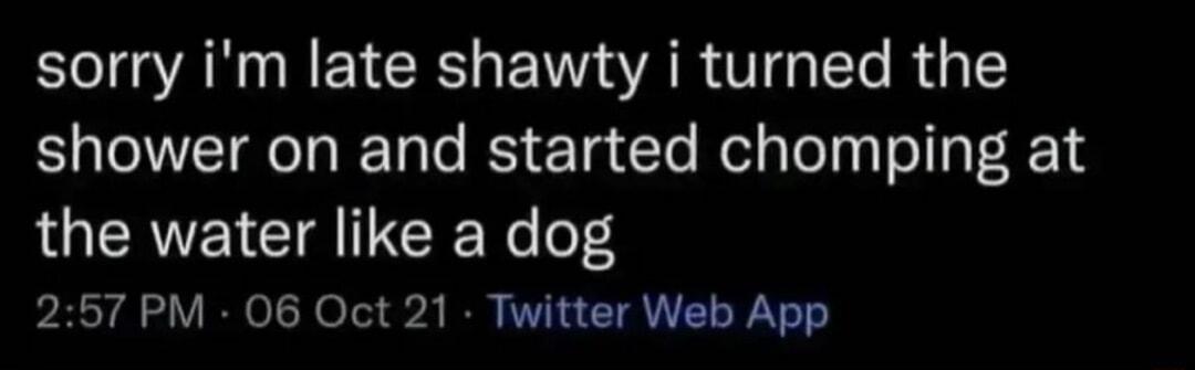 Sl AN N ET R PN AR VG e R shower on and started chomping at the water like a dog 257 PM 06 Oct 21 Twitter Web App