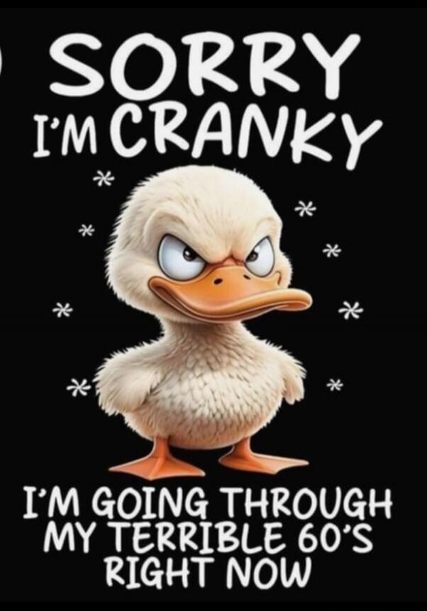 SORRY I'M CRANKY
I'M GOING THROUGH MY TERRIBLE 60'S RIGHT NOW