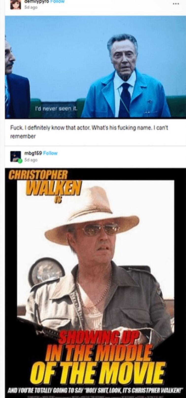 I'd never seen it. Fuck. I definitely know that actor. What's his fucking name. I can't remember. CHRISTOPHER WALKEN IS SHOWING UP IN THE MIDDLE OF THE MOVIE AND YOU'RE TOTALLY GOING TO SAY 'HOLY SHIT, LOOK, IT'S CHRISTOPHER WALKEN!'