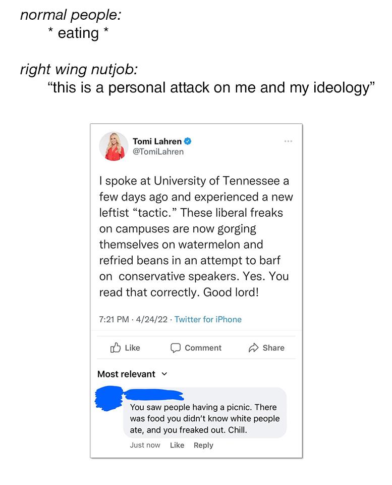 normal people eating right wing nutjob this is a personal attack on me and my ideology Tomi Lahren TomiLahren spoke at University of Tennessee a few days ago and experienced a new leftist tactic These liberal freaks on campuses are now gorging themselves on watermelon and refried beans in an attempt to barf on conservative speakers Yes You read that correctly Good lord 721 PM 42422 Twitter for iPh