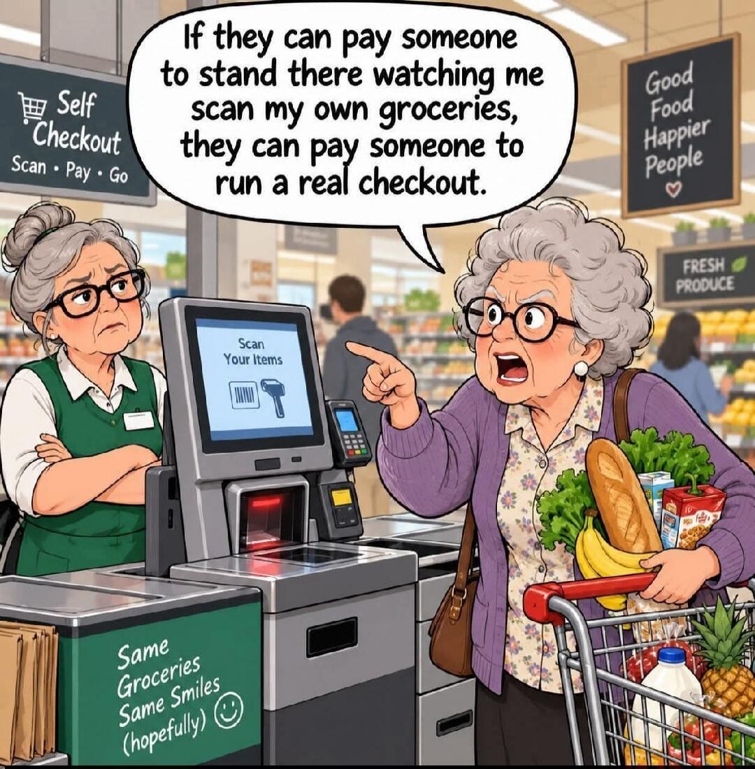 If they can pay someone to stand there watching me scan my own groceries, they can pay someone to run a real checkout. Self Checkout Scan - Pay - Go Good Food Happier People FRESH PRODUCE Same Groceries Same Smiles (hopefully)