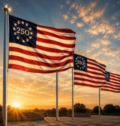 American flags with '250' and stars, flying at sunset.