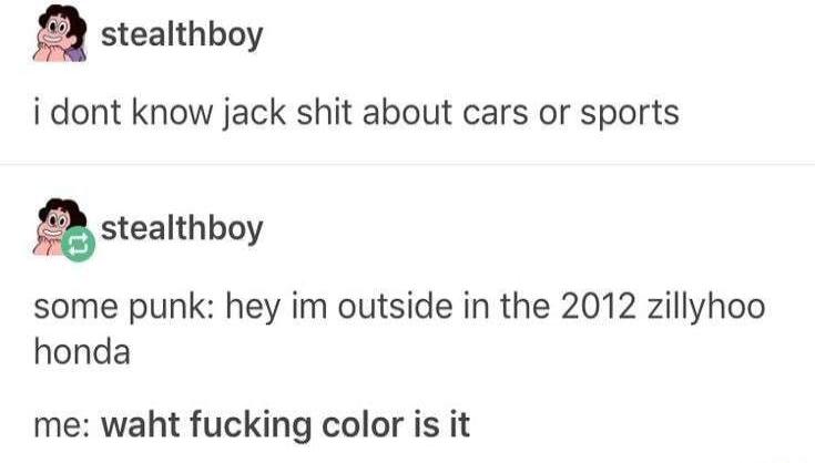 a stealthboy i dont know jack shit about cars or sports A stealthboy some punk hey im outside in the 2012 zillyhoo honda me waht fucking color is it