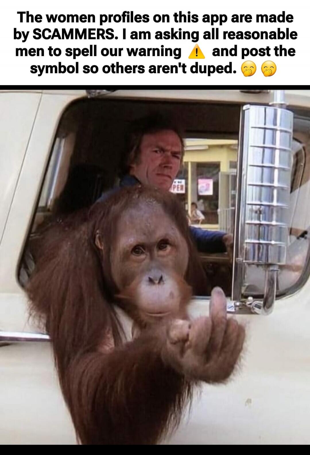 The women profiles on this app are made by SCAMMERS. I am asking all reasonable men to spell our warning ⚠️ and post the symbol so others aren't duped. 😉😉