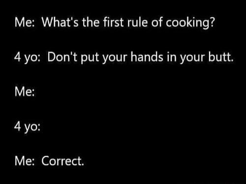 Me Whats the first rule of cooking 4 yo Dont put your hands in your butt Me 4 yo Me Correct