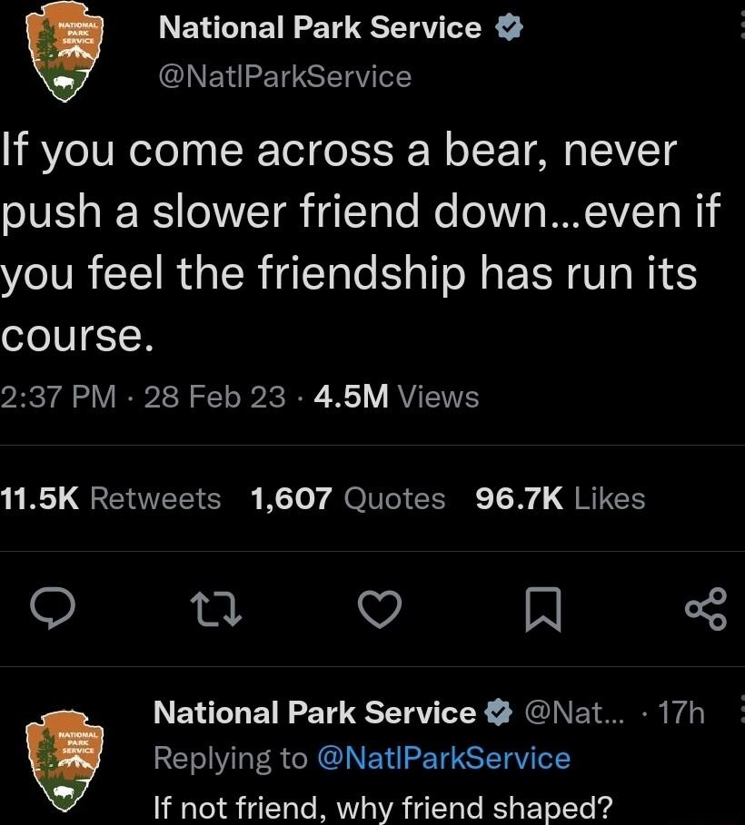 National Park Service NatIParkService If you come across a bear never push a slower friend downeven if you feel the friendship has run its course vEY o IRPLR LR X RV ETE 3 B QRERIEETER K Toy JOIEEIE QNICH o u Q Al Replying to NatlParkService National Park Service Nat 17h If not friend why friend shaped
