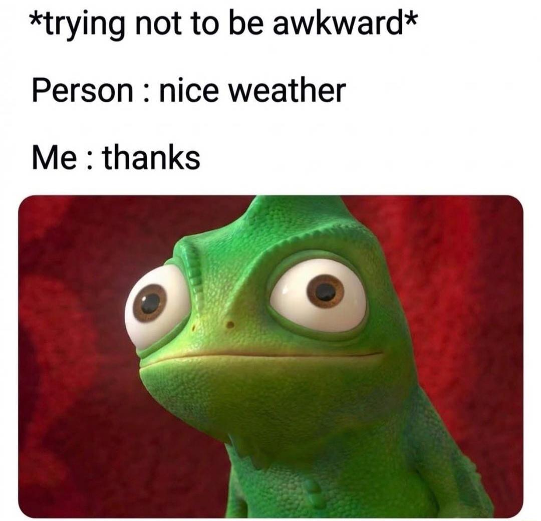 *trying not to be awkward* Person : nice weather Me : thanks