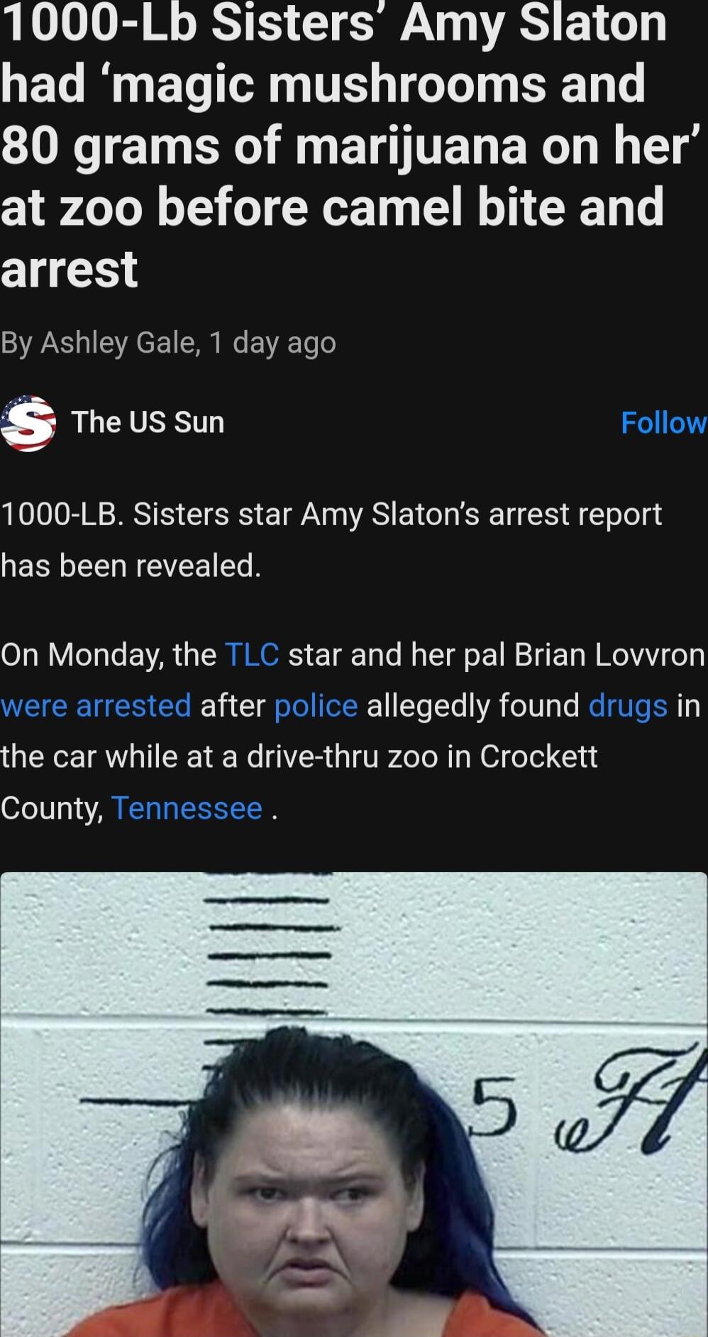 1000 Lb Sisters Amy Slaton HET M EL TR TS T T ST T G E S RN ETTERER B at zoo before camel bite and arrest By Ashley Gale 1 day ago The us sun Follow 1000 LB Sisters star Amy Slatons arrest report has been revealed On Monday the TLC star and her pal Brian Lovvron arrested after police allegedly found drugs in the car while at a drive thru zoo in Crockett County Tennessee