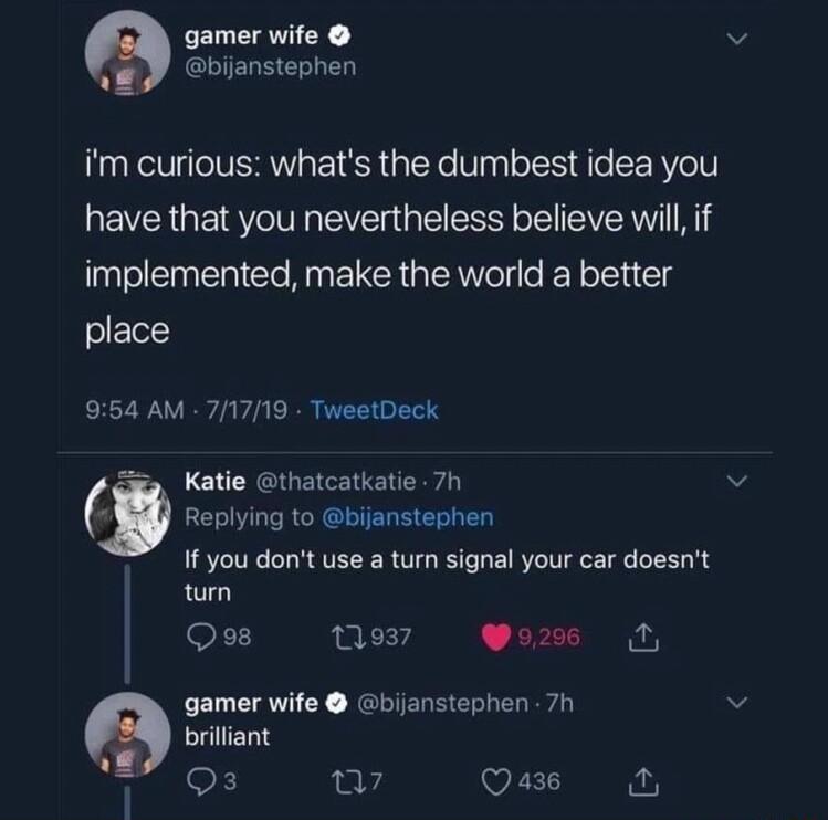 a gamer wife bijanstephen im curious whats the dumbest idea you have that you nevertheless believe will if implemented make the world a better sEI 954 AM 71719 TweetDeck G Katie thatcatkatie 7h Replying to bijanstephen If you dont use a turn signal your car doesnt J tum Qe Moy Woxs N gamer wife bijanstephen 7h brilliant o Qs a7 Qass