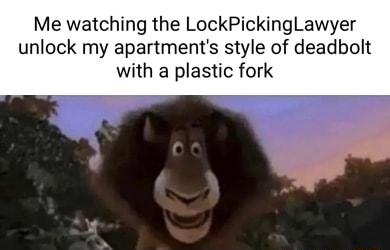 Me watching the LockPickingLawyer unlock my apartments style of deadbolt with a plastic fork