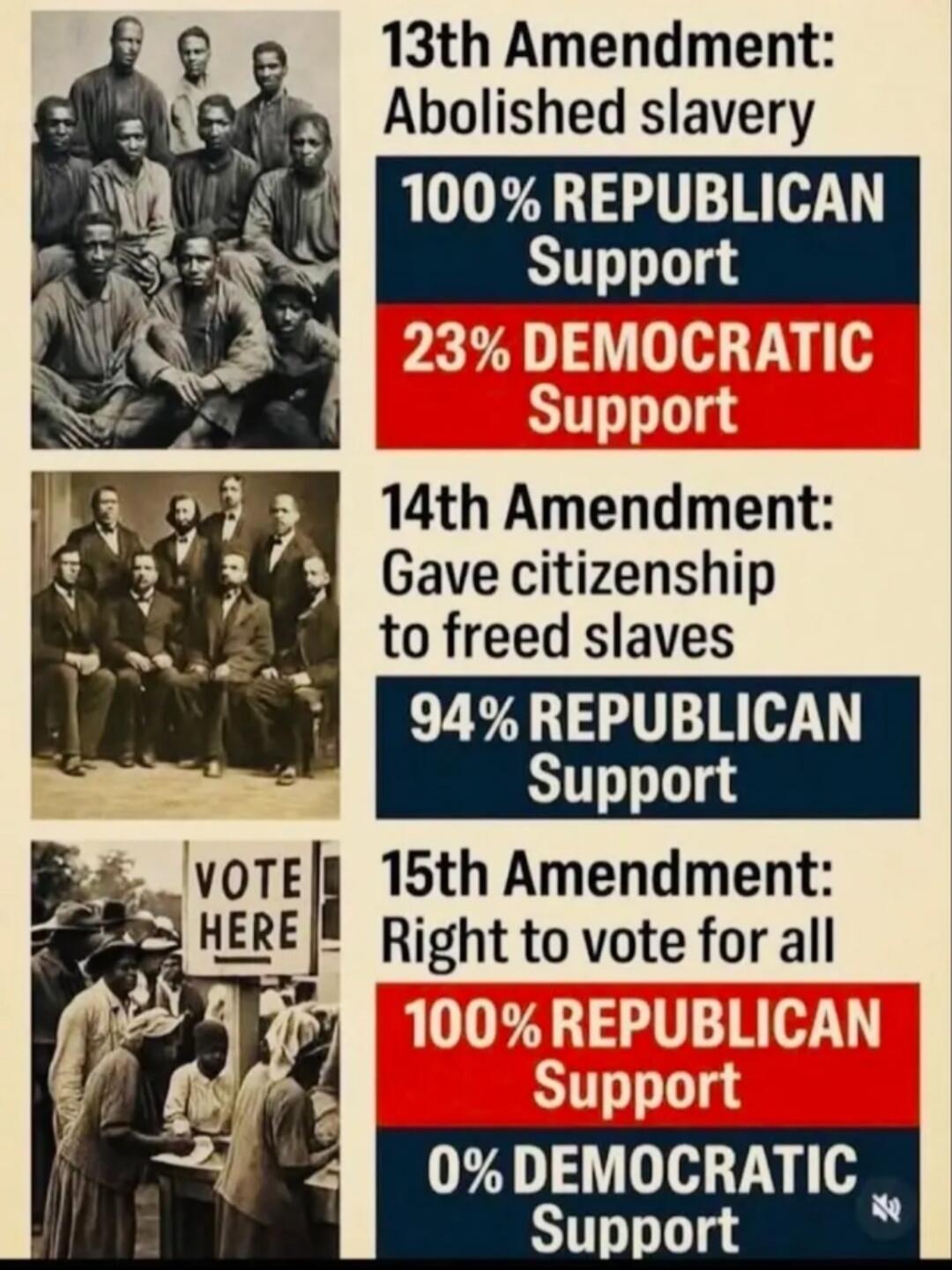 13th Amendment: Abolished slavery. 100% REPUBLICAN Support. 23% DEMOCRATIC Support. 14th Amendment: Gave citizenship to freed slaves. 94% REPUBLICAN Support. 15th Amendment: Right to vote for all. VOTE HERE. 100% REPUBLICAN Support. 0% DEMOCRATIC Support.