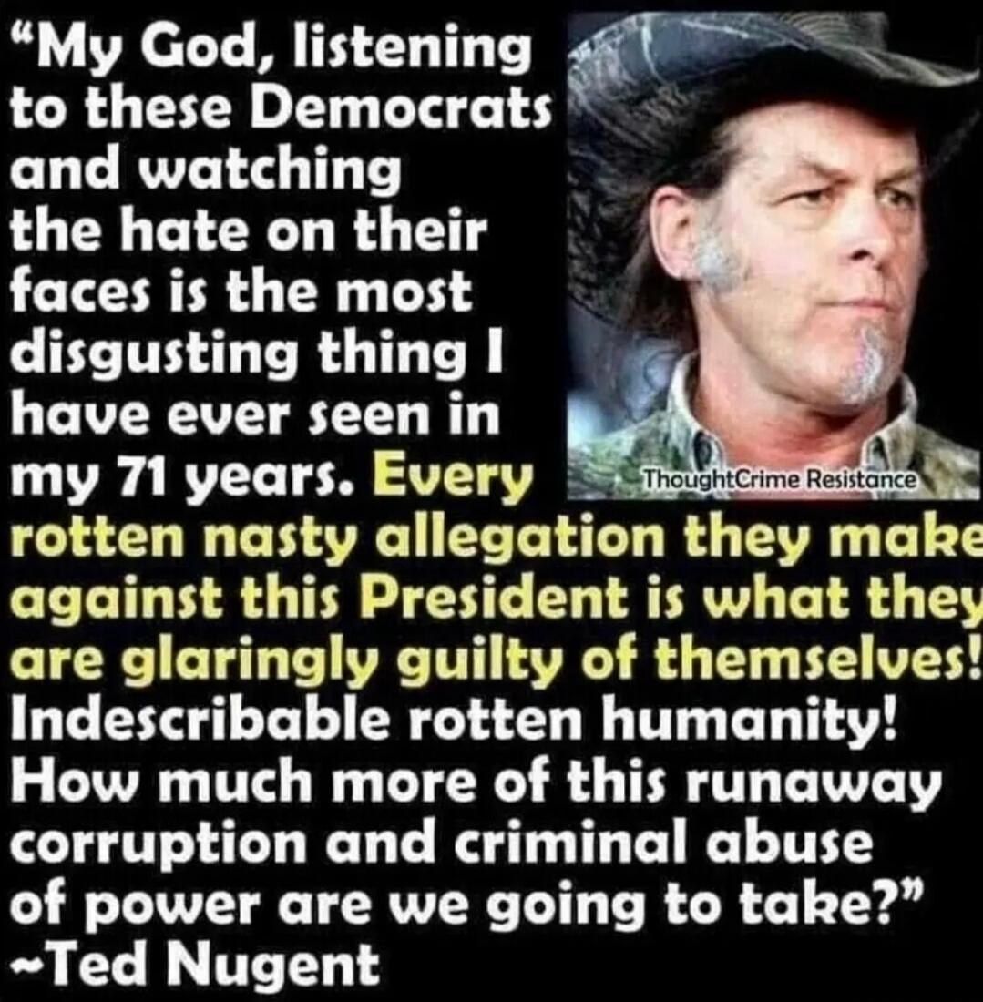 My God, listening to these Democrats and watching the hate on their faces is the most disgusting thing I have ever seen in my 71 years. Every rotten nasty allegation they make against this President is what they are glaringly guilty of themselves! Indescribable rotten humanity! How much more of this runaway corruption and criminal abuse of power ar