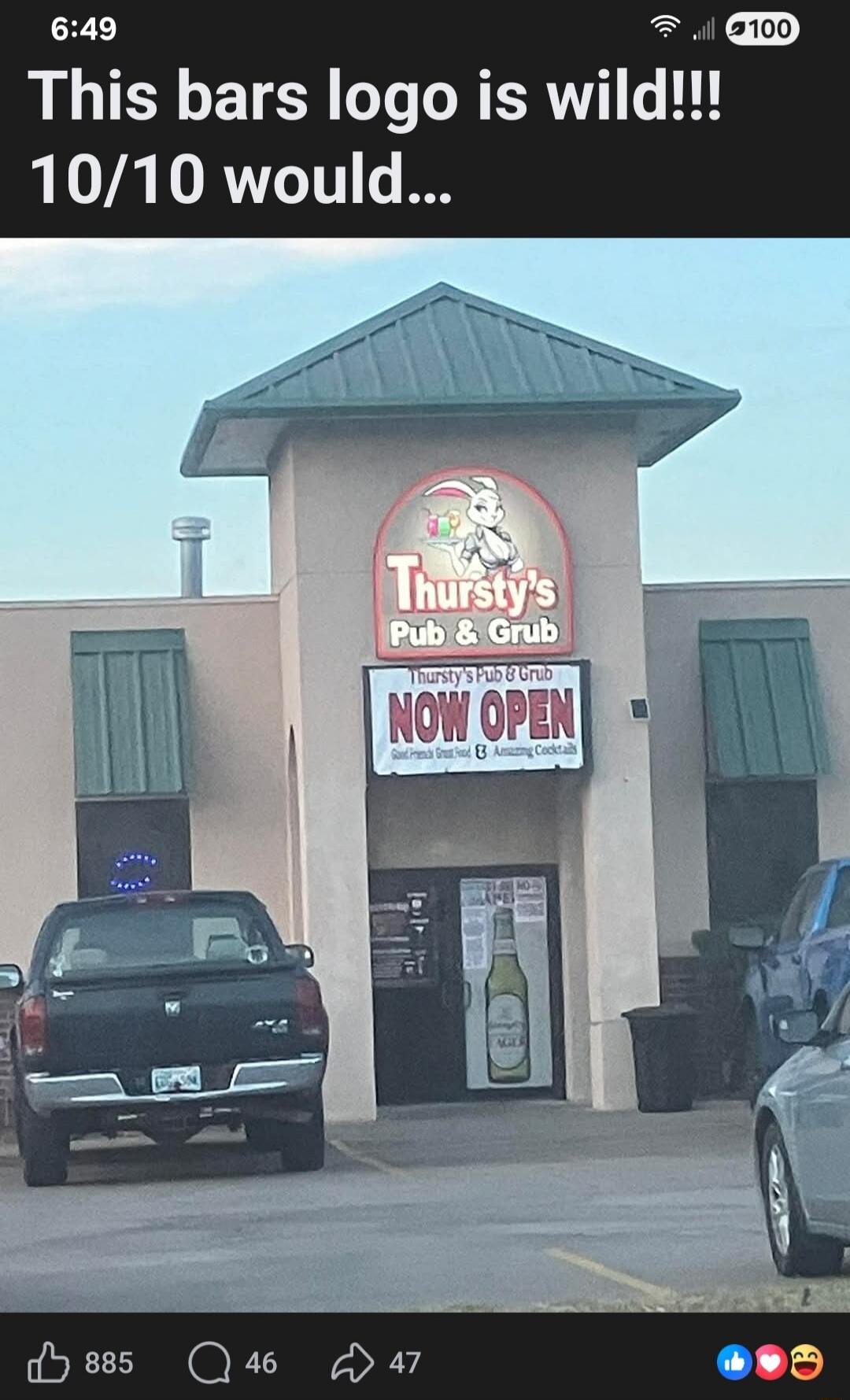 This bars logo is wild!!! 10/10 would... Thursty's Pub & Grub NOW OPEN