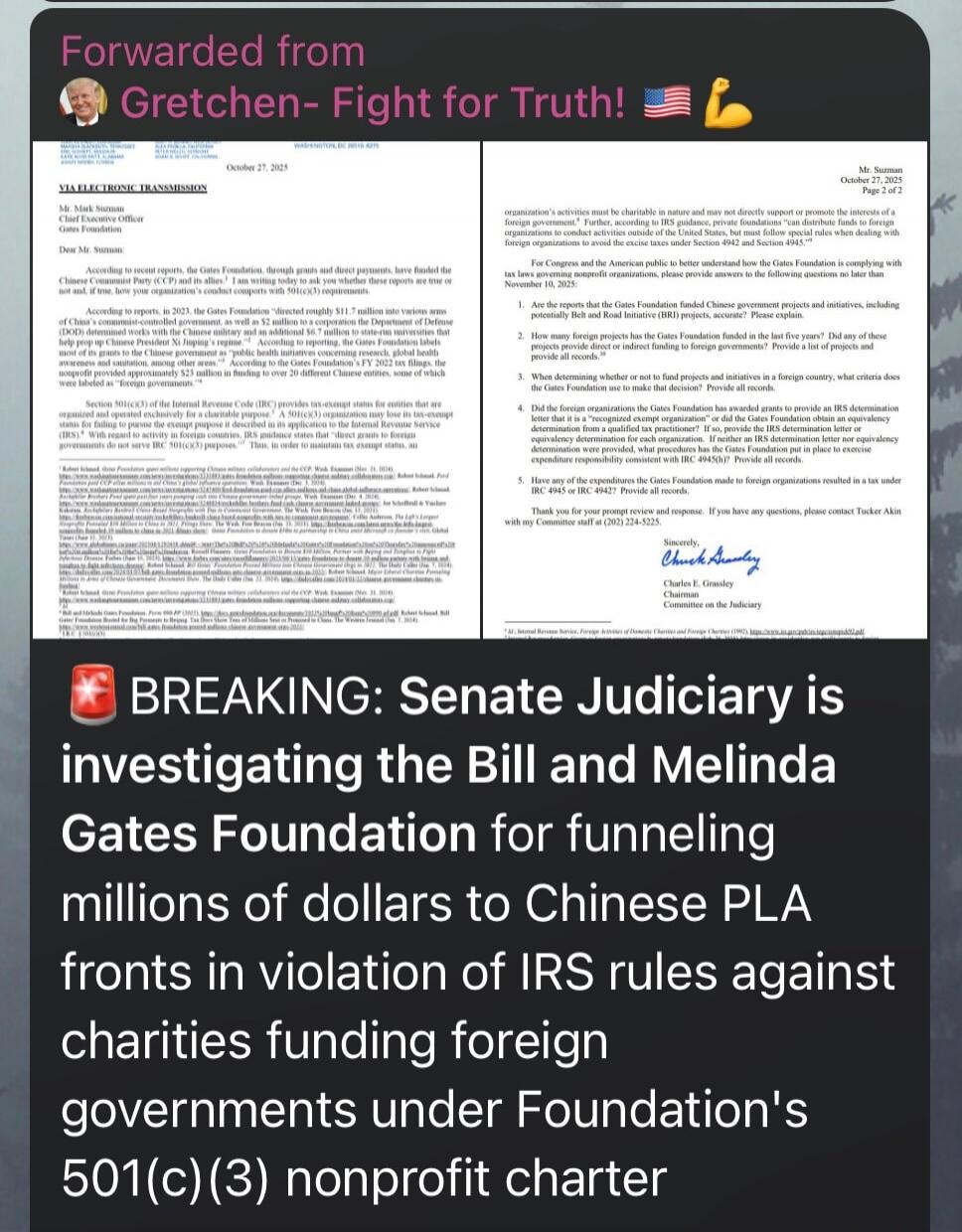 BREAKING: Senate Judiciary is investigating the Bill and Melinda Gates Foundation for funneling millions of dollars to Chinese PLA fronts in violation of IRS rules against charities funding foreign governments under Foundation's 501(c)(3) nonprofit charter