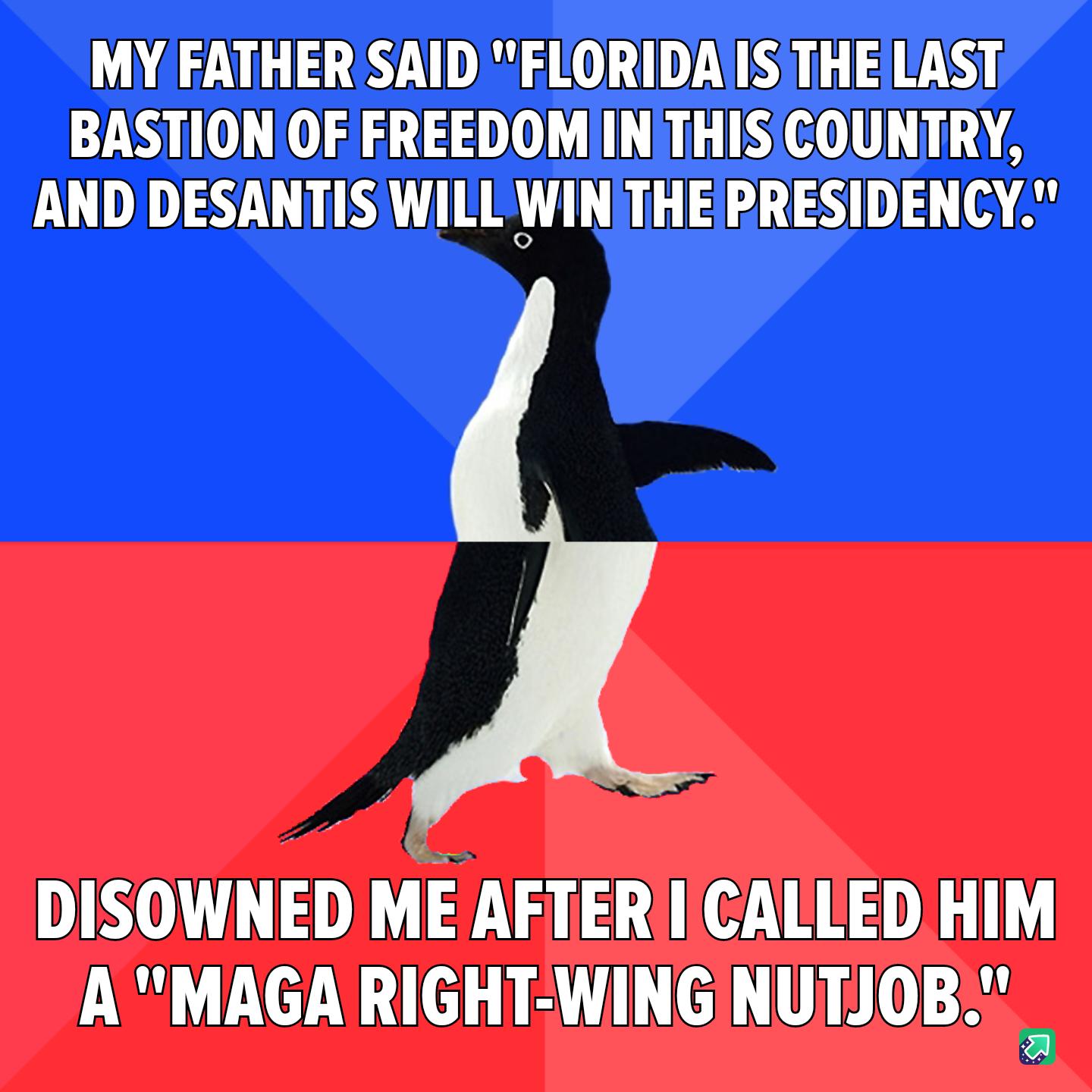 MY FATHER SAID FLORIDAIS THE LAST LSOO D TR GISETLR A AND DESANTIS WILL WINTHE PRESIDENCY DISOWNED ME AFTERIIICALLEDHIM A MAGA RIGHT WING NUTJOB