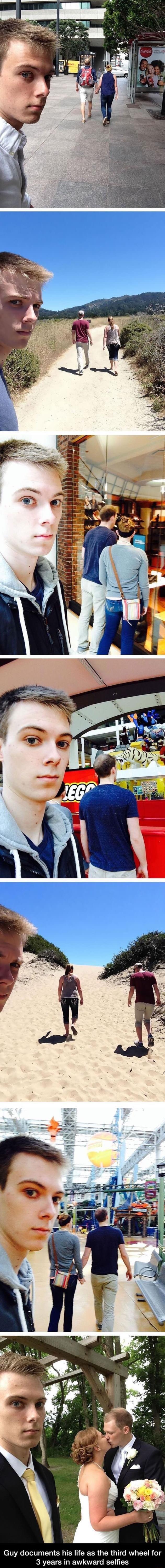 Guy documents his life as the third wheel for 3 years in awkward selfies