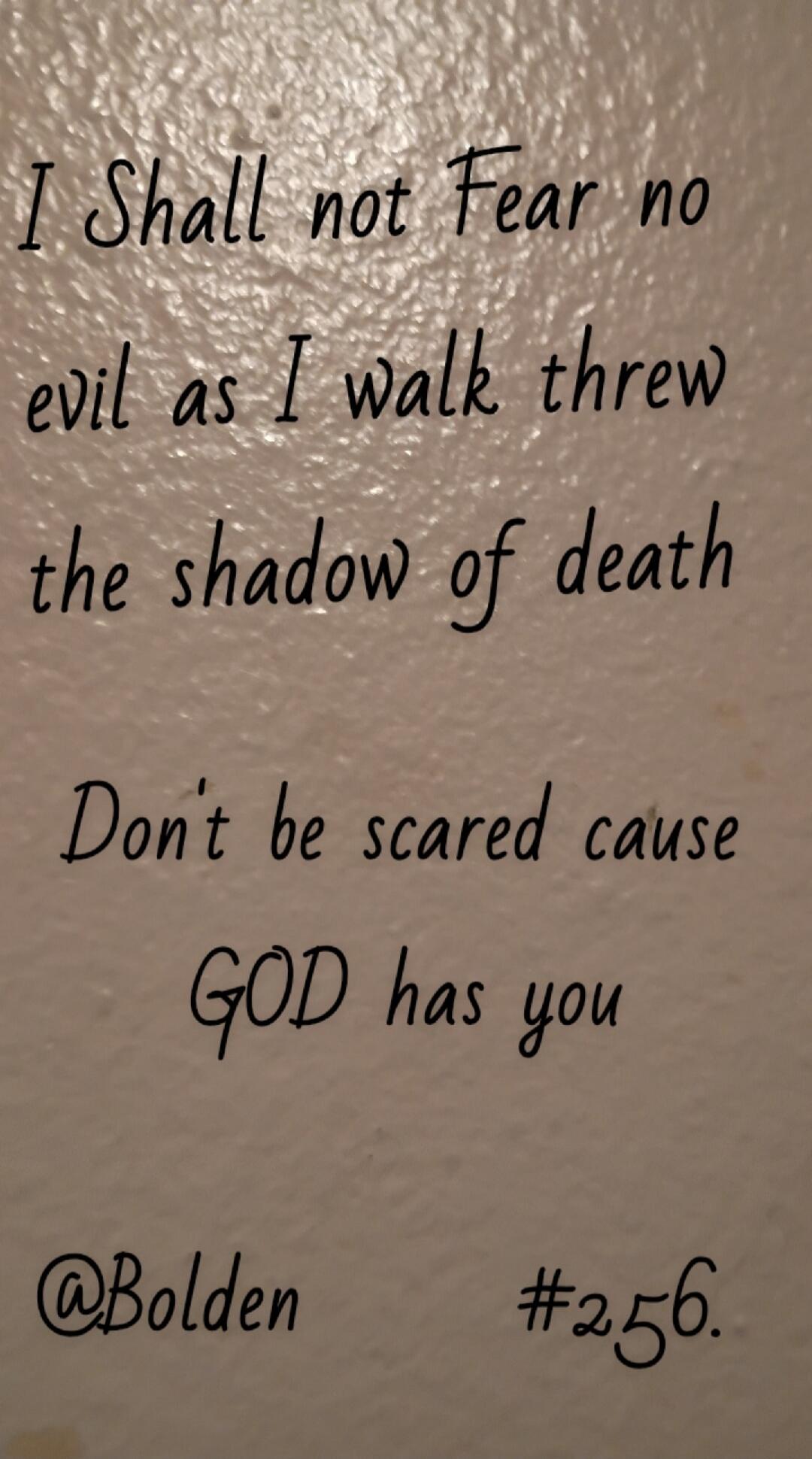 I Shall not Fear no evil as I walk threw the shadow of death
Don't be scared cause
GOD has you

@Bolden  #256.