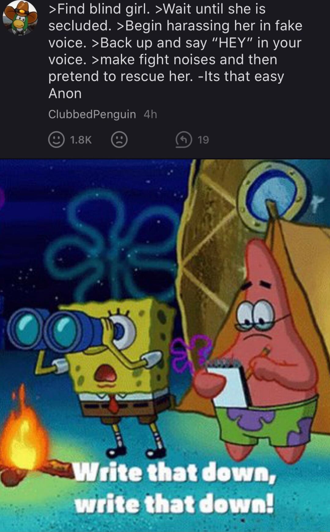 Find blind girl Wait until she is secluded Begin harassing her in fake voice Back up and say HEY in your voice make fight noises and then pretend to rescue her Its that easy Anon ClubbedPenguin 4h 1