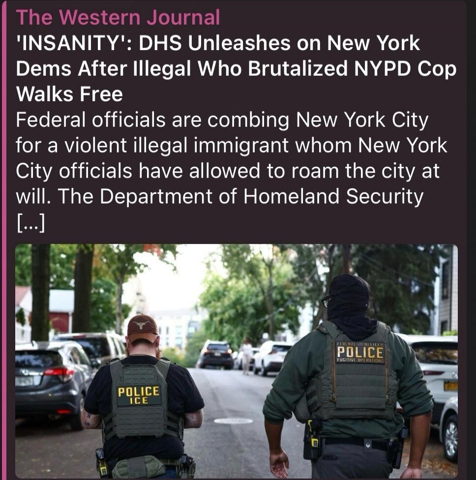 The Western Journal 'INSANITY': DHS Unleashes on New York Dems After Illegal Who Brutalized NYPD Cop Walks Free Federal officials are combing New York City for a violent illegal immigrant whom New York City officials have allowed to roam the city at will. The Department of Homeland Security [...]