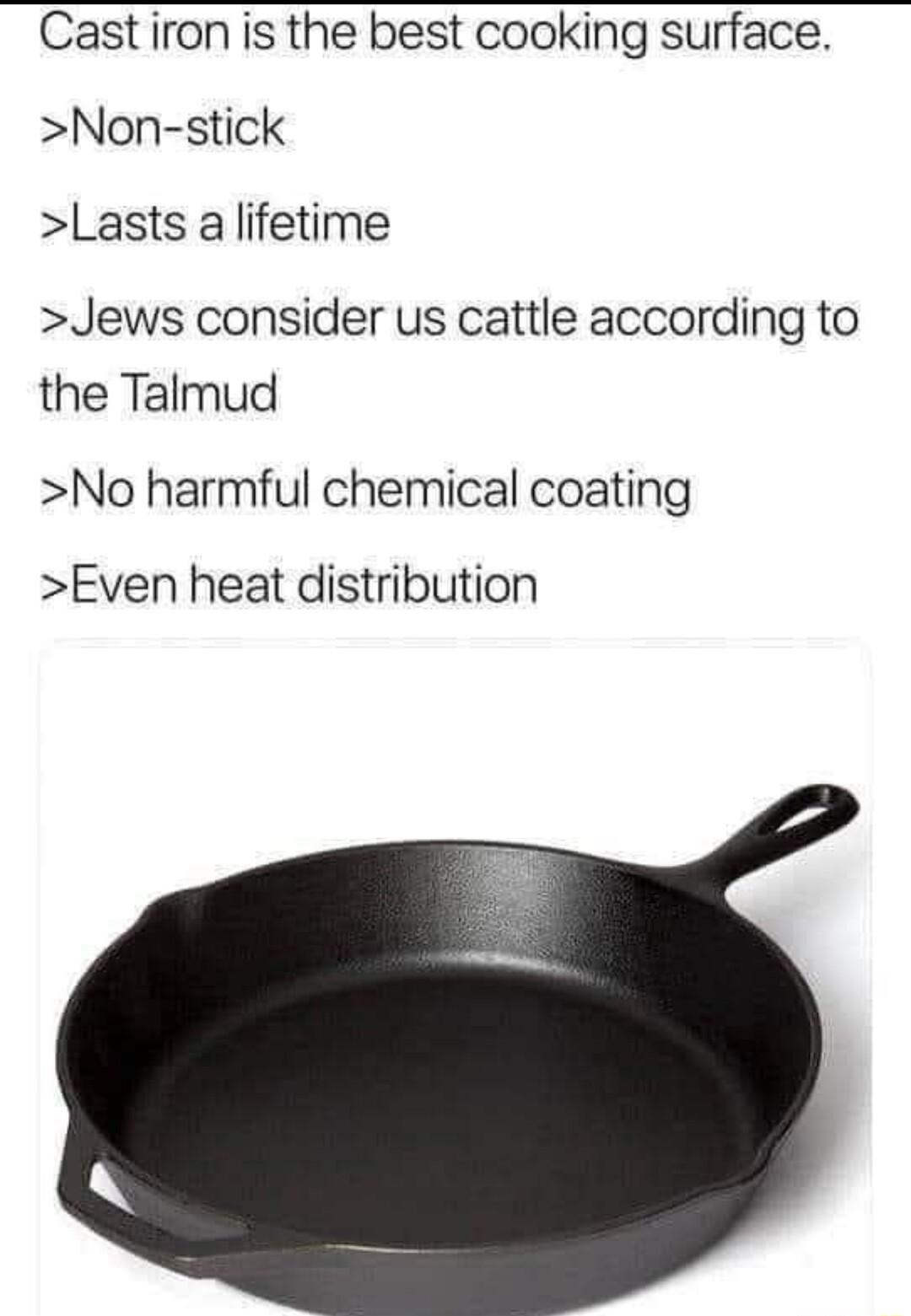Cast iron is the best cooking surface Non stick Lasts alifetime Jews consider us cattle according to the Talmud No harmful chemical coating Even heat distribution