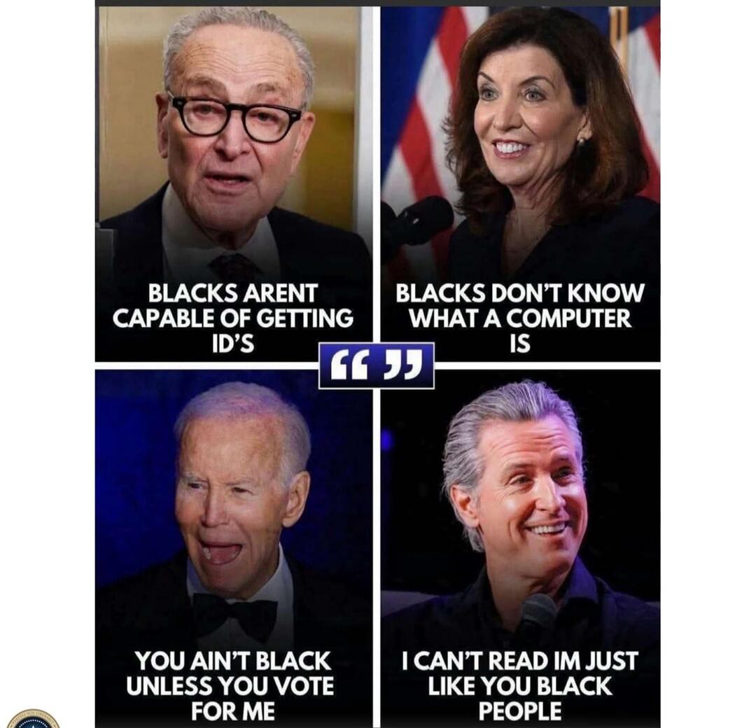 BLACKS AREN'T CAPABLE OF GETTING ID'S BLACKS DON'T KNOW WHAT A COMPUTER IS YOU AIN'T BLACK UNLESS YOU VOTE FOR ME I CAN'T READ IM JUST LIKE YOU BLACK PEOPLE