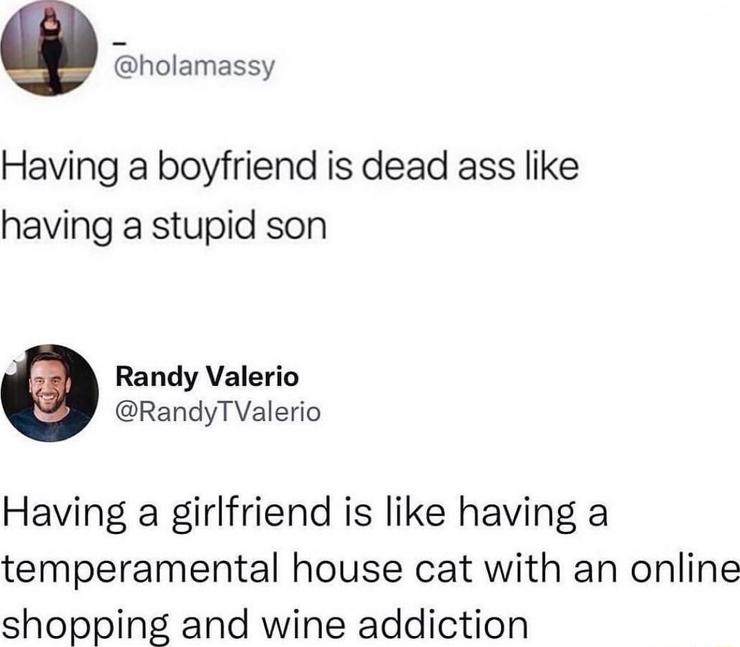 holamassy Having a boyfriend is dead ass like having a stupid son Randy Valerio RandyTValerio Having a girlfriend is like having a temperamental house cat with an online shopping and wine addiction