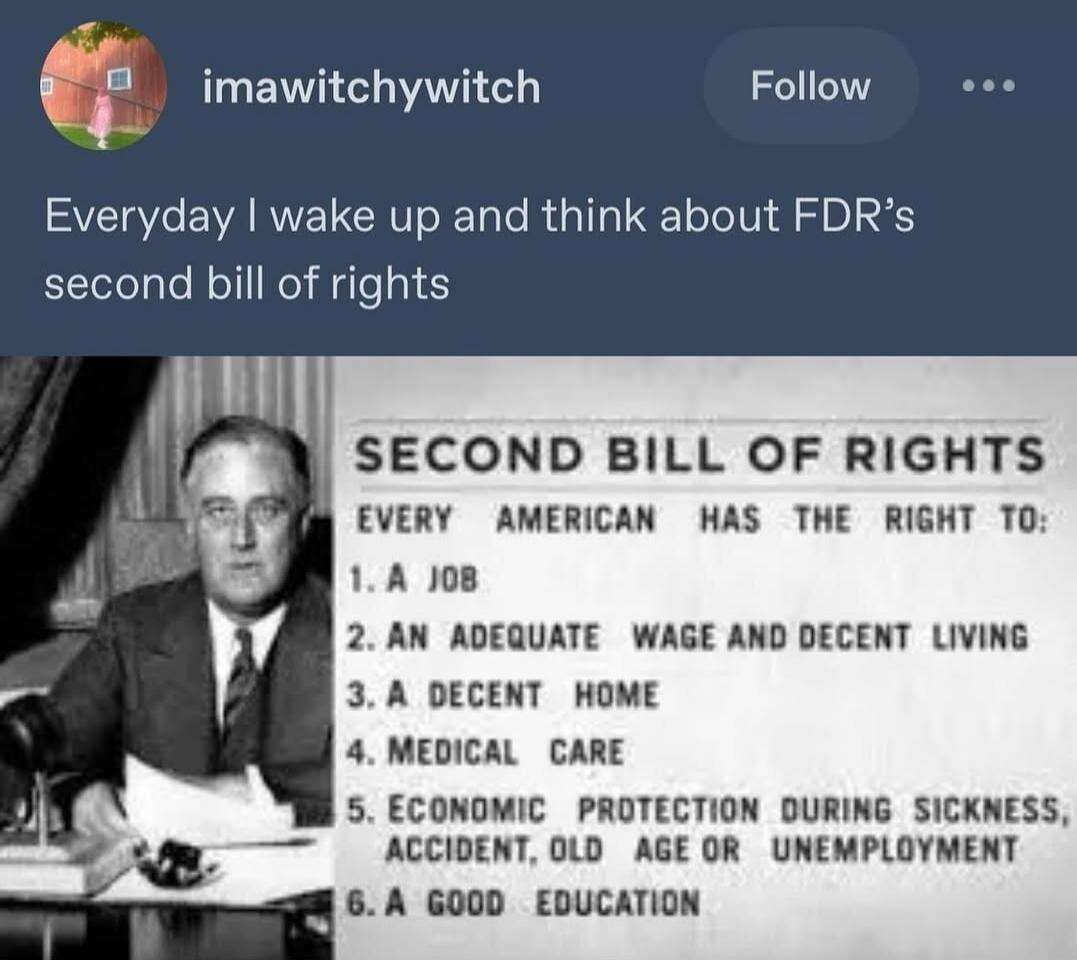 Everyday I wake up and think about FDR's second bill of rights. SECOND BILL OF RIGHTS EVERY AMERICAN HAS THE RIGHT TO: 1. A JOB 2. AN ADEQUATE WAGE AND DECENT LIVING 3. A DECENT HOME 4. MEDICAL CARE 5. ECONOMIC PROTECTION DURING SICKNESS, ACCIDENT, OLD AGE OR UNEMPLOYMENT 6. A GOOD EDUCATION