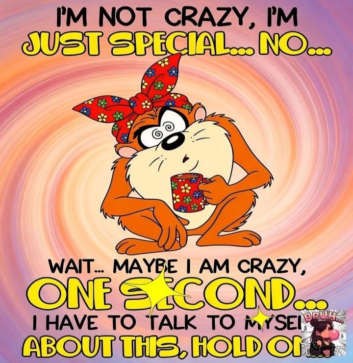 I'M NOT CRAZY, I'M JUST SPECIAL... NO... WAIT... MAYBE I AM CRAZY, ONE SECOND... I HAVE TO TALK TO MYSELF ABOUT THIS, HOLD ON
