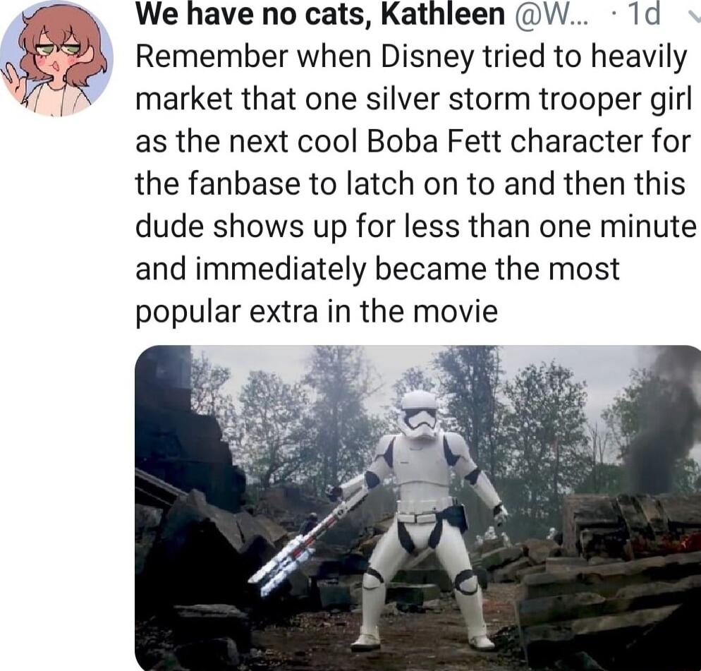 We have no cats Kathleen W 1d Remember when Disney tried to heavily market that one silver storm trooper girl as the next cool Boba Fett character for the fanbase to latch on to and then this dude shows up for less than one minute and immediately became the most popular extra in the movie