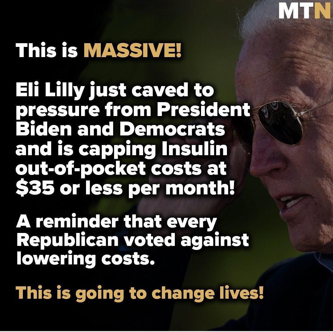This is MASSIVE Eli Lilly just caved to pressure from President Biden and Democrats ELCRER T TG R LT out of pocket costs at 35 or less per month A reminder that every Republican voted against lowering costs This is going to change lives