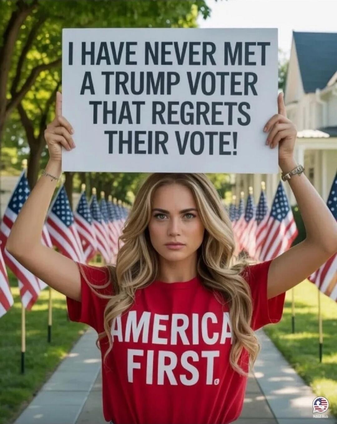 I HAVE NEVER MET A TRUMP VOTER THAT REGRETS THEIR VOTE! AMERICA FIRST.