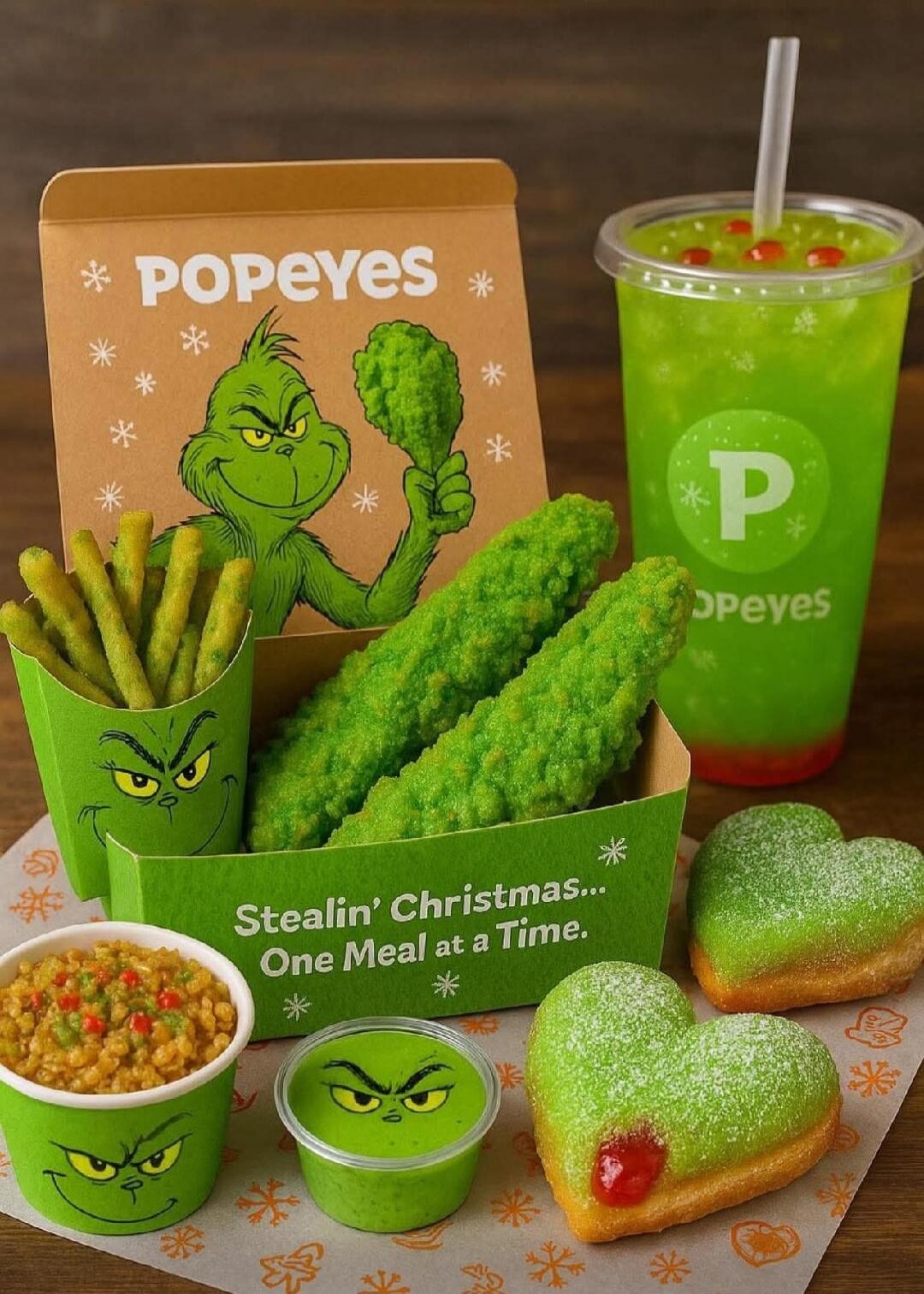 POPEYES Stealin' Christmas... One Meal at a Time. 
Green fried churros? No, green fried items. A green drink with a straw. Various sides in Popeyes themed packaging featuring Grinch-like character.