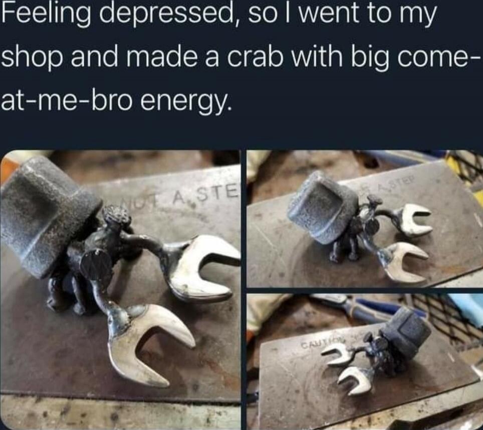 Feeling depressed, so I went to my shop and made a crab with big come-at-me-bro energy.