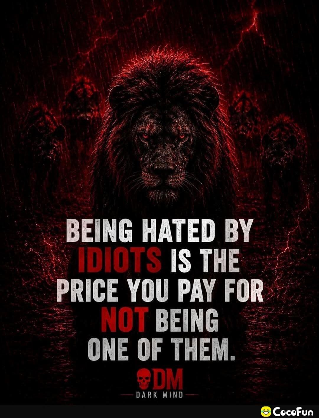 BEING HATED BY IDIOTS IS THE PRICE YOU PAY FOR NOT BEING ONE OF THEM. DM DARK MIND