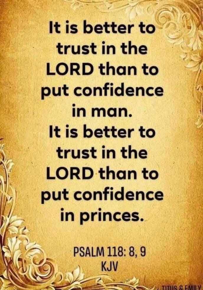 It is better to trust in the LORD than to put confidence in man. It is better to trust in the LORD than to put confidence in princes. PSALM 118: 8, 9 KJV