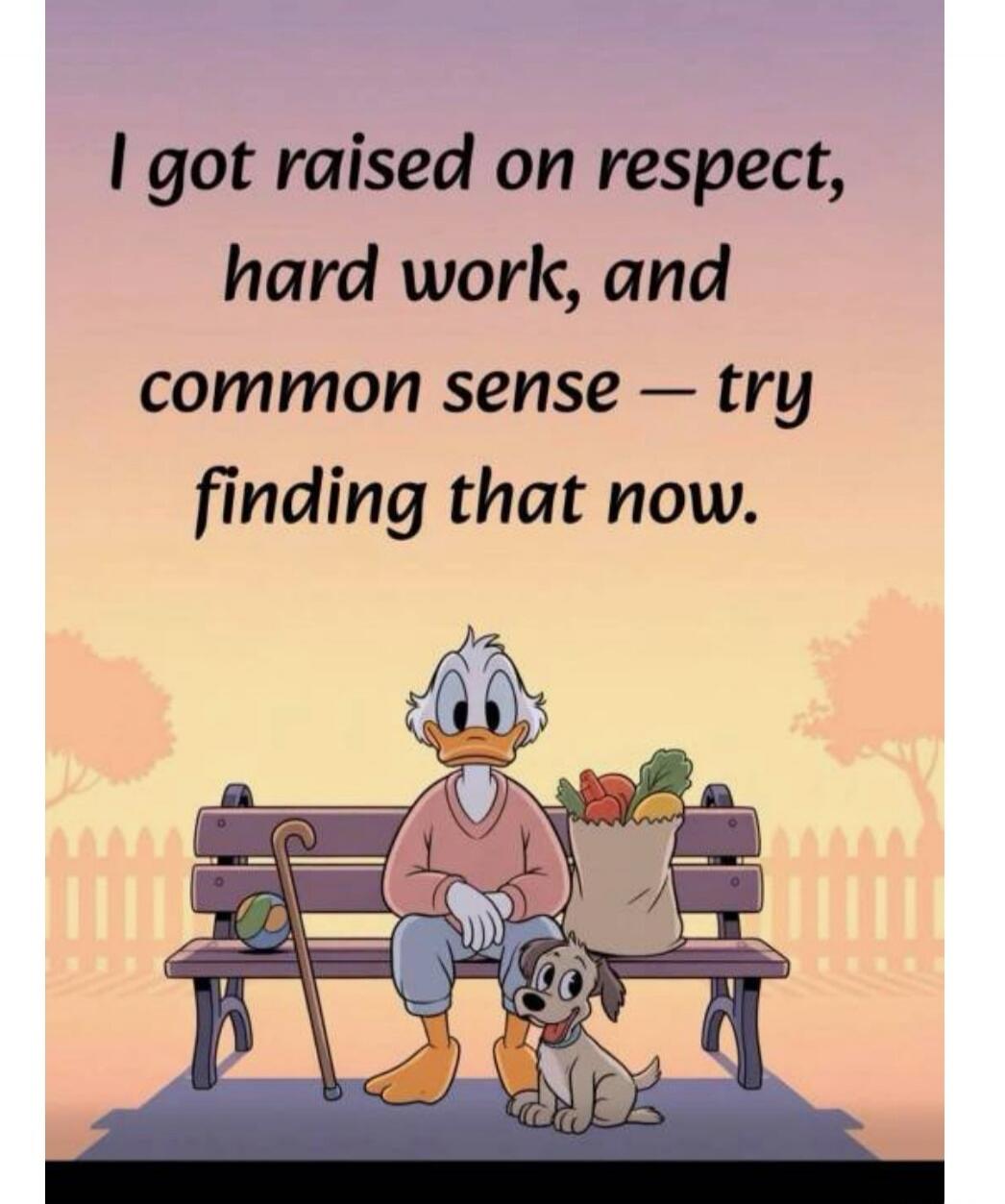 I got raised on respect, hard work, and common sense — try finding that now.