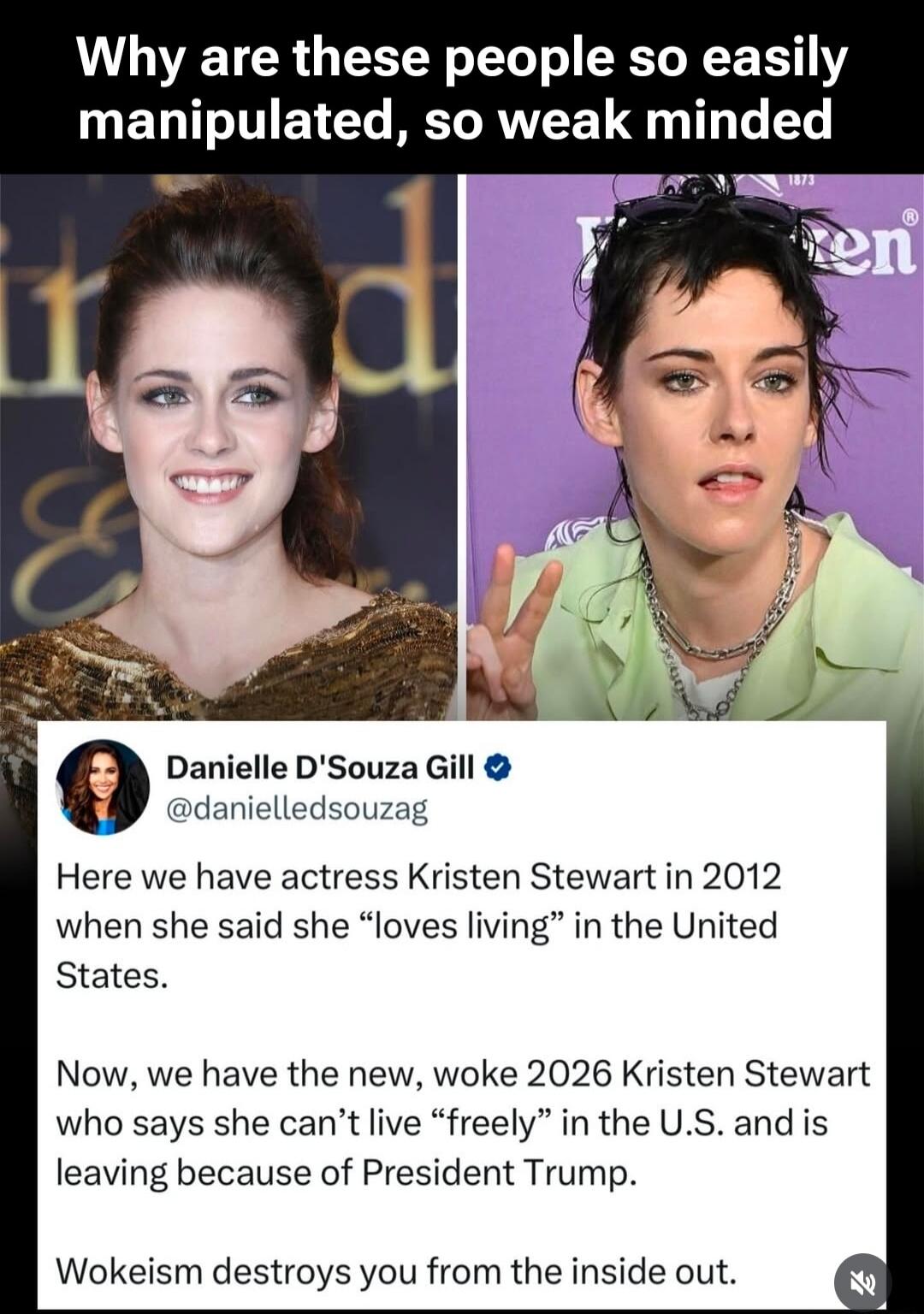 Why are these people so easily manipulated, so weak minded

[images of two celebrities]

Danielle D'Souza Gill @danielle dsouzag
Here we have actress Kristen Stewart in 2012 when she said she “loves living” in the United States.

Now, we have the new, woke 2026 Kristen Stewart who says she can’t live “freely” in the U.S. and is leaving because of P